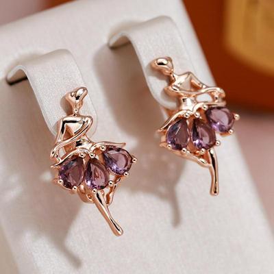 Goldfarbene Ballett-Tänzerin, lila Zirkon-Ohrringe für Damen, Party, trendiger Match-Schmuck