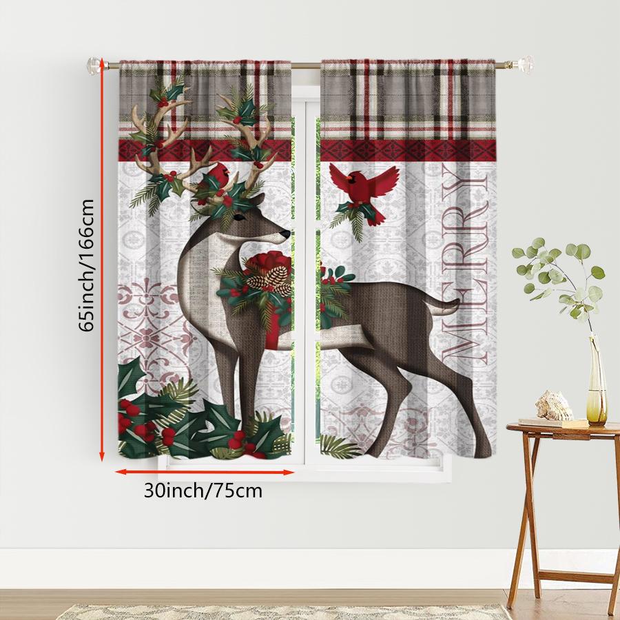 2PCS Digital Print Christmas Curtains, Plaid Reindeer Cardinal Holly Border, Rustic Country Window Drapes for Holiday Home Decor