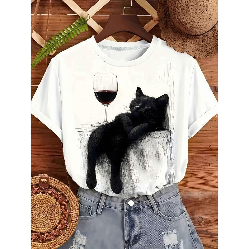 European size Sketch Art Cat Wine Red Wine Glass, Artistic Minimalist Daily Commute Women's T-Shirt, Round Neck Short Sleeve Tee