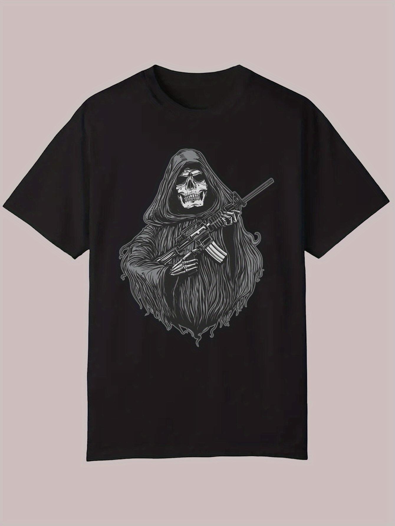 Graphic Print Casual T-shirt - Edgy Skeleton Gun Art Design L