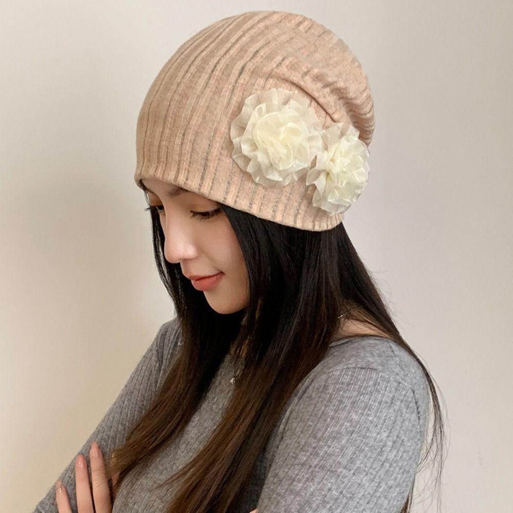 Retro Solid Color Rose Flower Knitted Hat Y2k Style Breathable Women Beanie Cap Crochet Thin Striped Skullies Cap