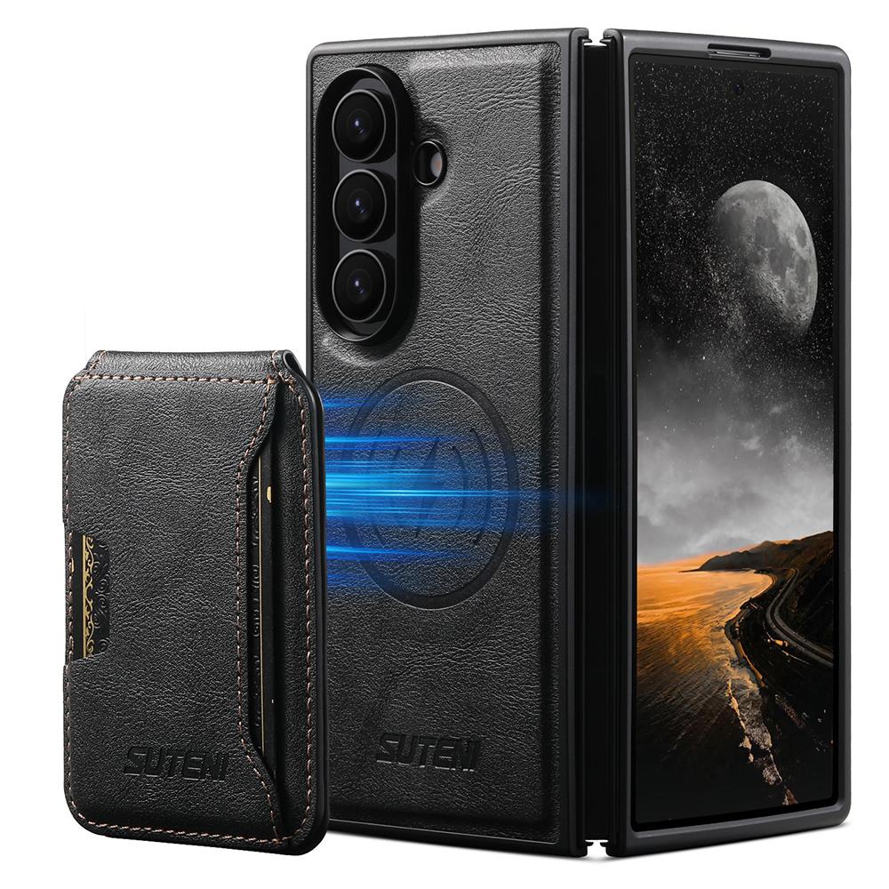 SUTENI M3 For Samsung Galaxy Z Fold7 5G Magnetic Case Cowhide Texture Leather Back Cover with Card Bag Kickstand