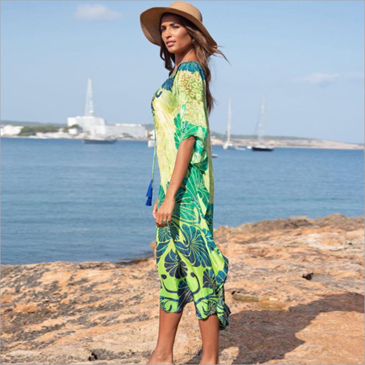 European & American Style Beach Cover-Up: Printed Long Robe Rayon Dress for Seaside Vacations and Swimwear.