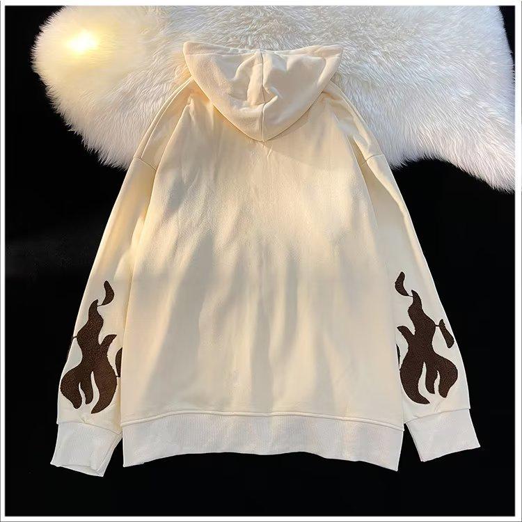 Men's Hooded Zip-Up Cardigan Sweatshirt with Cross & Flame Embroidery, Fleece-Lined, Trendy Loose Fit for Couples, Perfect for Spring and Autumn.