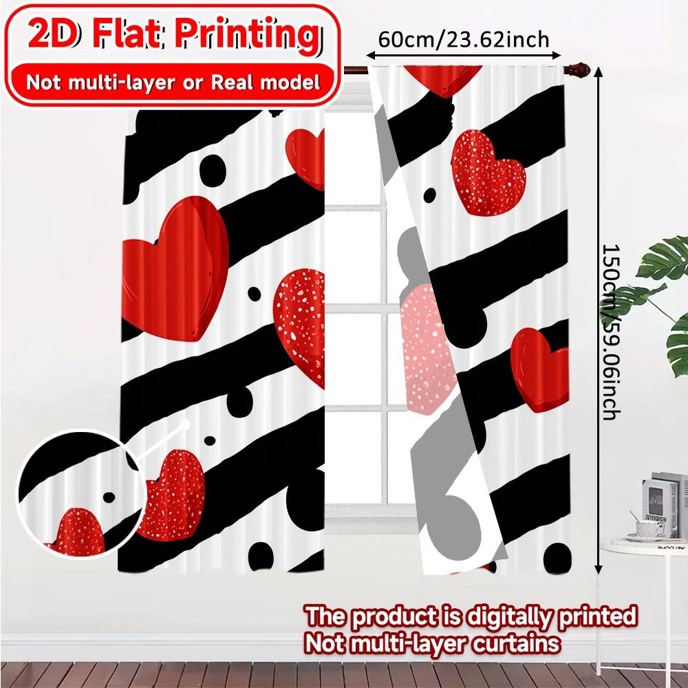 2D Flat Printing  2pcs Heartful Stripes Print Chic Curtains Polyester Curtains Versatile All Perfect for Bedroom & Various Living
