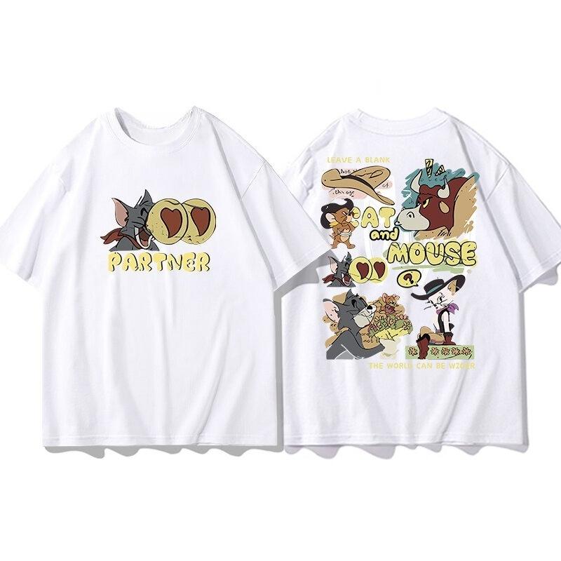 2026 Summer Comic Form Tom and Jerry Image 100 Cotton Printed Oversize Casual Tshirt Adult Children Parentchild Top Homewear