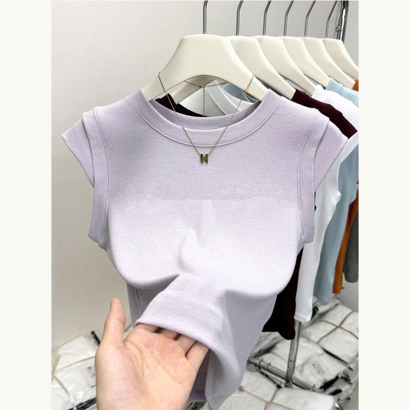 Women Round Neck Cap Sleeve Ribbed T-shirt Summer Solid Color Slim Fit Modal Sleeveless Basic Tee Casual Top