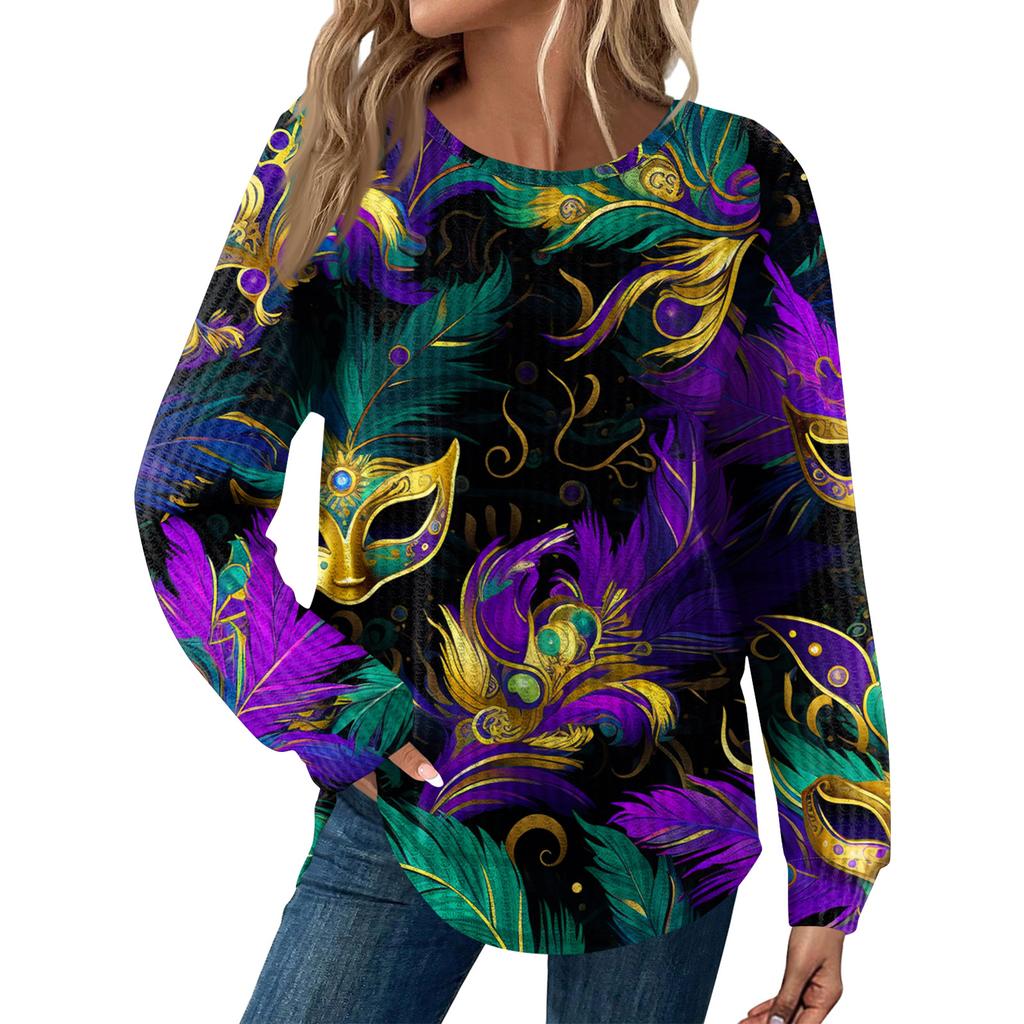 Women's Fashion  Loose Long Sleeve Carnival Print  Round Neck Casual Top