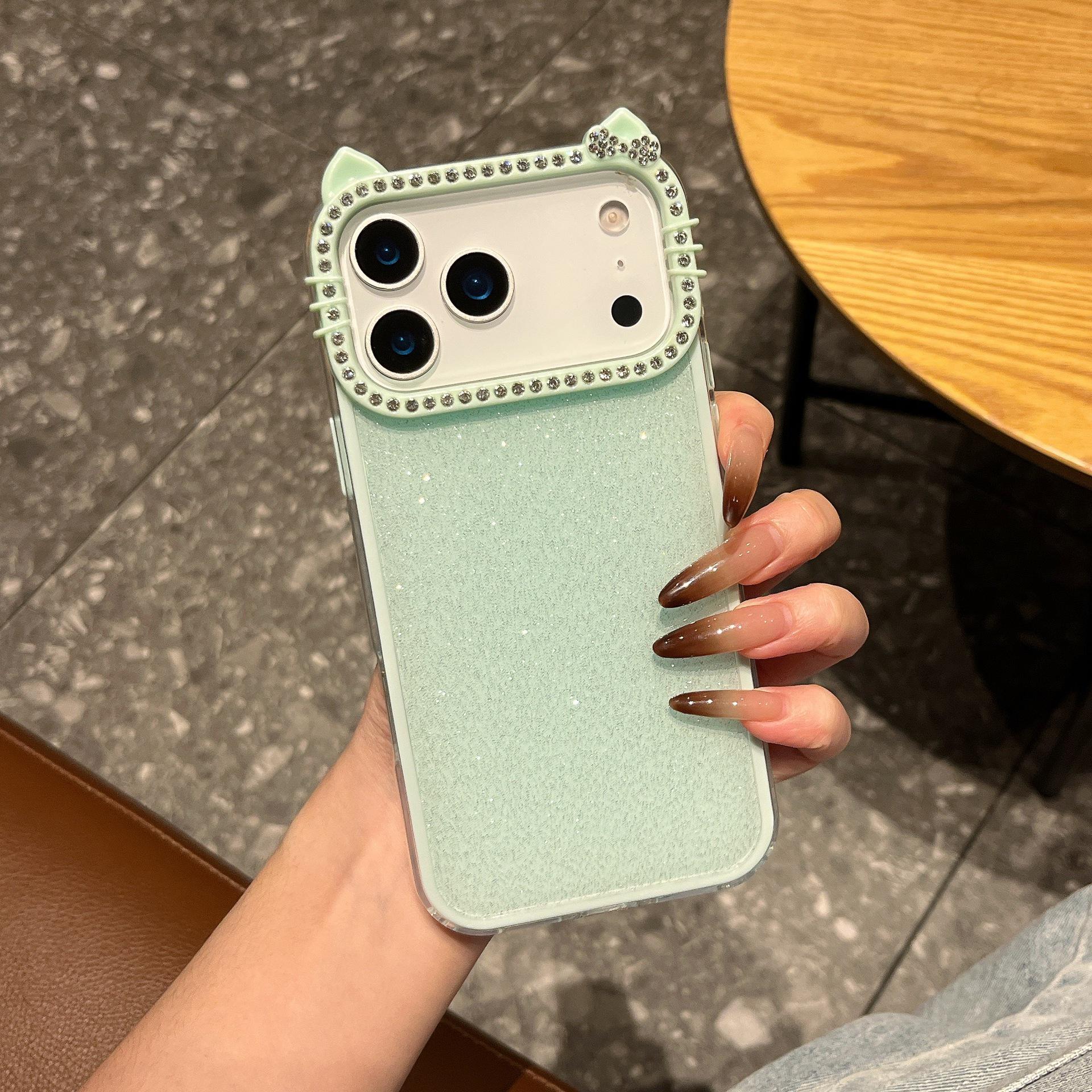 

iPhone 17 Pro Max Glitter Rhinestone Case with Cartoon Cat Ears - Solid Color, Three-in-One Design. iPhone 16 Plus