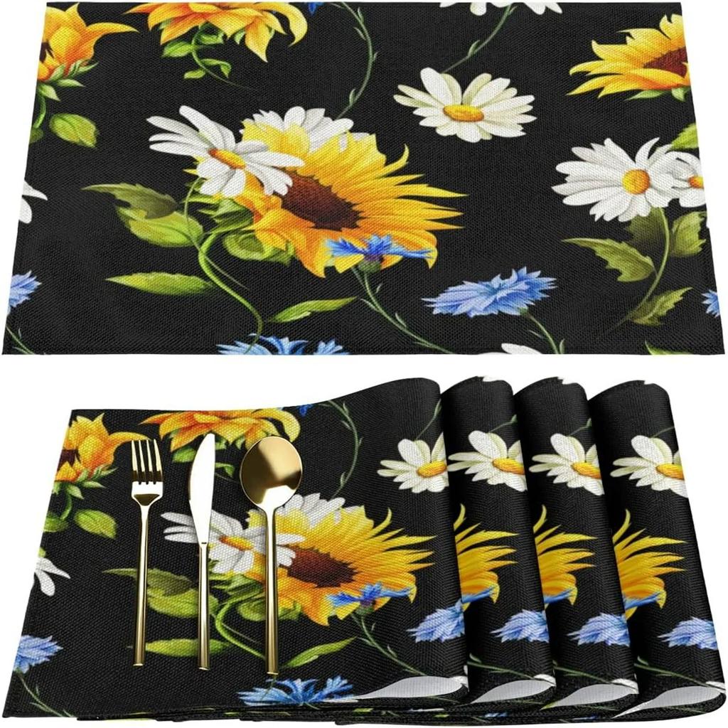 4PC 30x45CM Sunflower Wood Grain Placemats Stain Resistant Linen Table Placemats Summer Seasonal Kitchen Party Decor