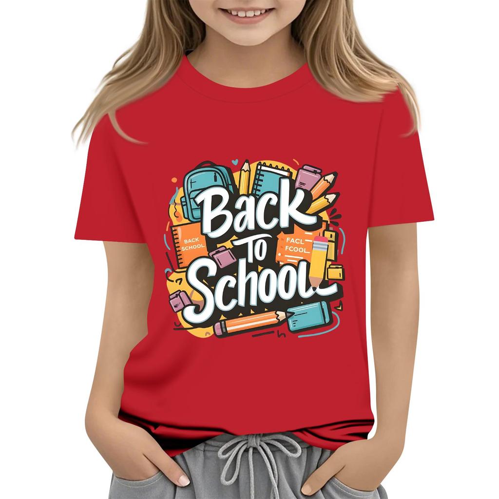 Children's Casual and Fashionable Round-Neck Printed Short-Sleeve Top for Back-to-School