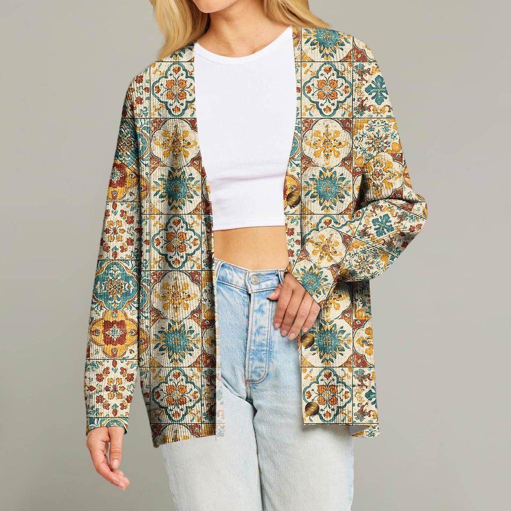 Women's Fashion Long Sleeve Christmas Print V-Neck Button Loose Cardigan Top