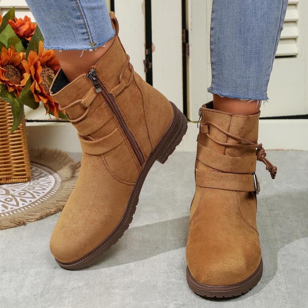 Women's 2023 Retro Suede Motorcycle Boots - Round Toe, Low Heel, Plus Size, Side Zipper for Autumn & Winter