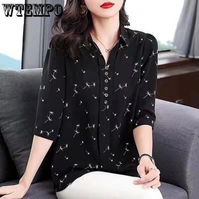 Camisa de flores fragmentadas, camisa de gasa de manga media de talla grande, Top holgado elegante con temperamento para mujer, primavera y verano