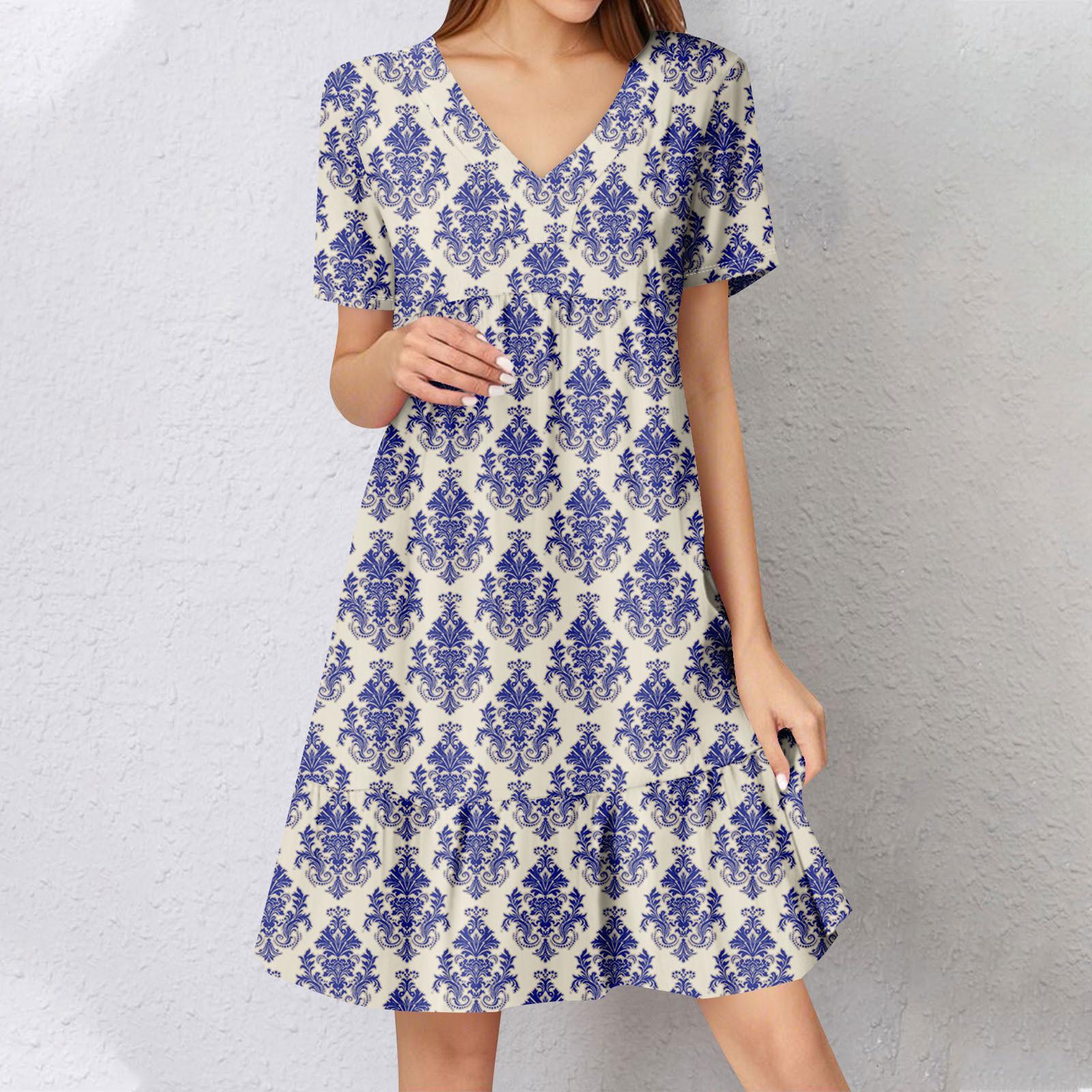 

Женское летнее платье с коротким рукавом и V-образным вырезом, короткие платья, модное повседневное струящееся бохо-платье с оборками, А-силуэт, свободное платье-халат XL синий