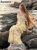 New Women's Summer Beach Floral Ruffled Bodycon Evening Dress with Peony Long Skirt