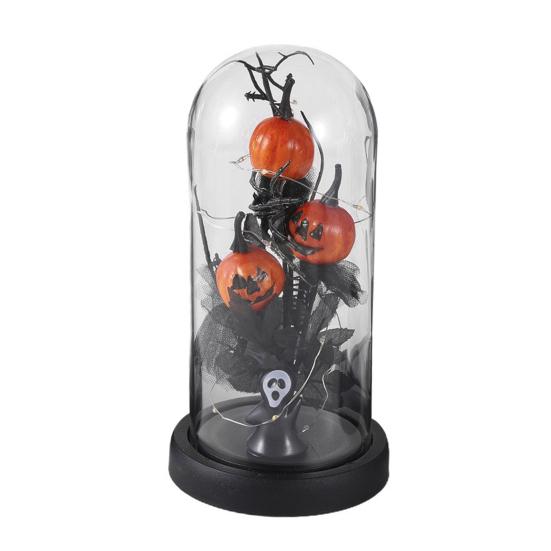 Preserved Black Roses in Glass Dome Halloween Light-up Eternal Flower in Cloche with Skull Pumpkin Statue for Home Kitchen Mantel Tabletop Decor