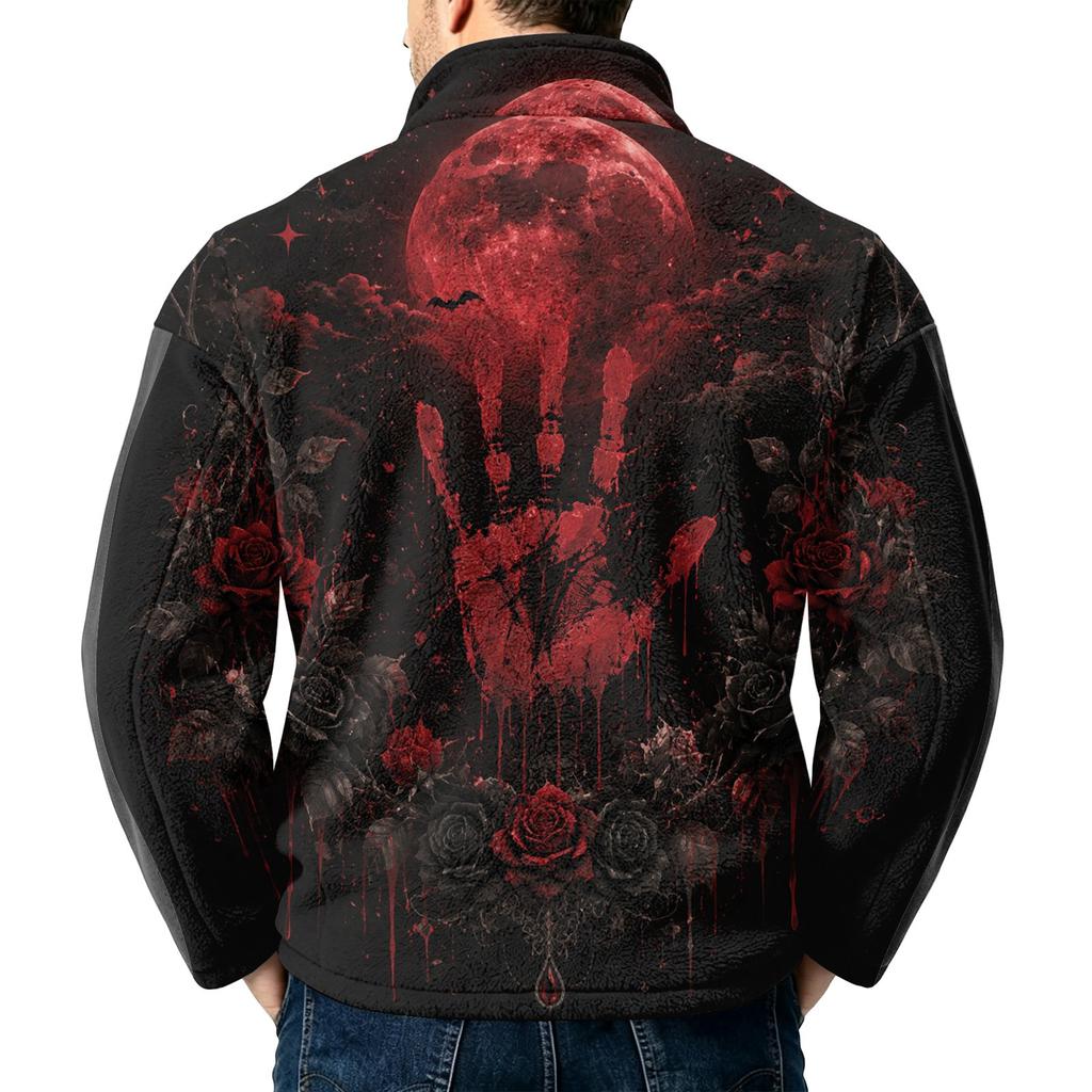 Men's Halloween Print Flannel Zip-Up Sweatshirt with Stand Collar, Plus Size Fall Winter Casual Top