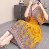 Casual Elegant Retro Bohemian National Style V-neck Elastic  Waist Large Swing Printed Summer Long Skirt Woman Dress Clothes