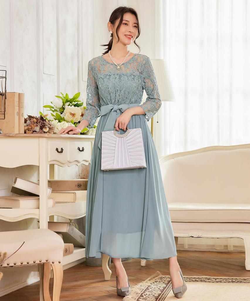 Hanmall Gray Party Formal Round Suitable for Weddings and Plus LON515 Dress, Lace, Dress, Embroidered, 3/4 Sleeves, Neck, Receptions, Sizes,