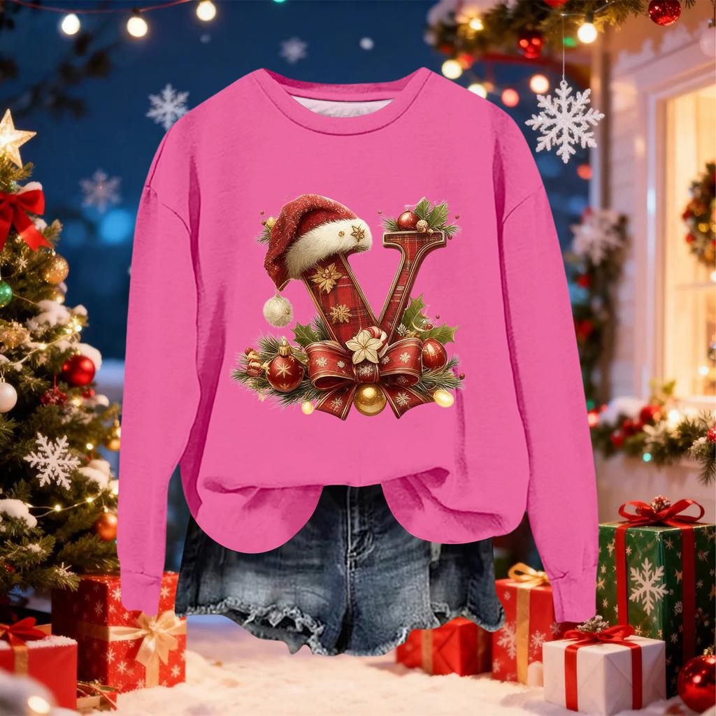 Women's Fashionable Casual Long-Sleeved Christmas Letter Print Crew-Neck Sweatshirt
