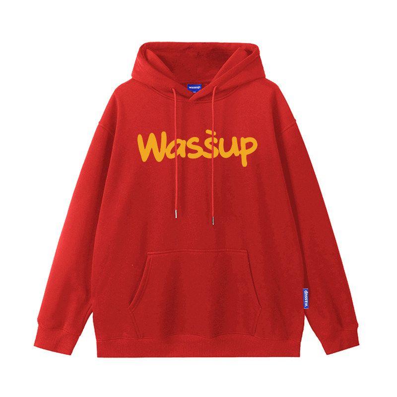 Wassup Letter Print Logo Sweatshirt Men's Hooded Autumn and Winter Fleece-Lined Loose Versatile Couple Pullover Top