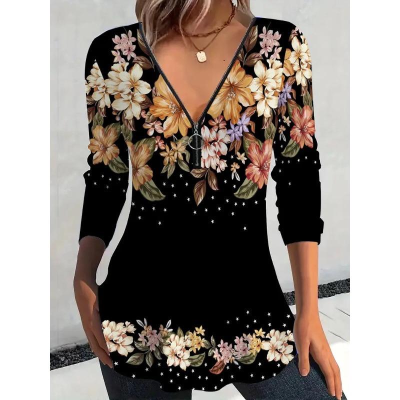Elegant and Casual Spring and Autumn V-neck Zipper Floral Printed Long-sleeved Women's T-shirts