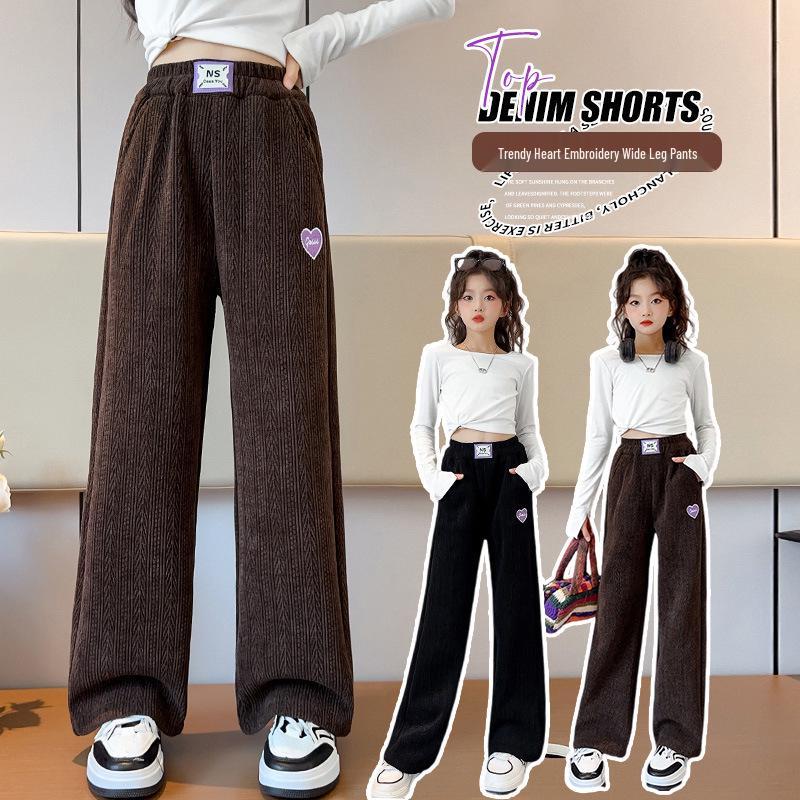 Girls' 2025 Autumn/Winter Fashionable Fleece-Lined Wide-Leg Pants