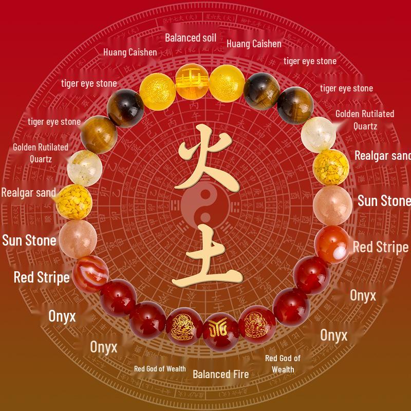 Five Elements Crystal Bracelet with Golden Rutilated Quartz, Tiger's Eye, Agate, and Citrine for Men and Women