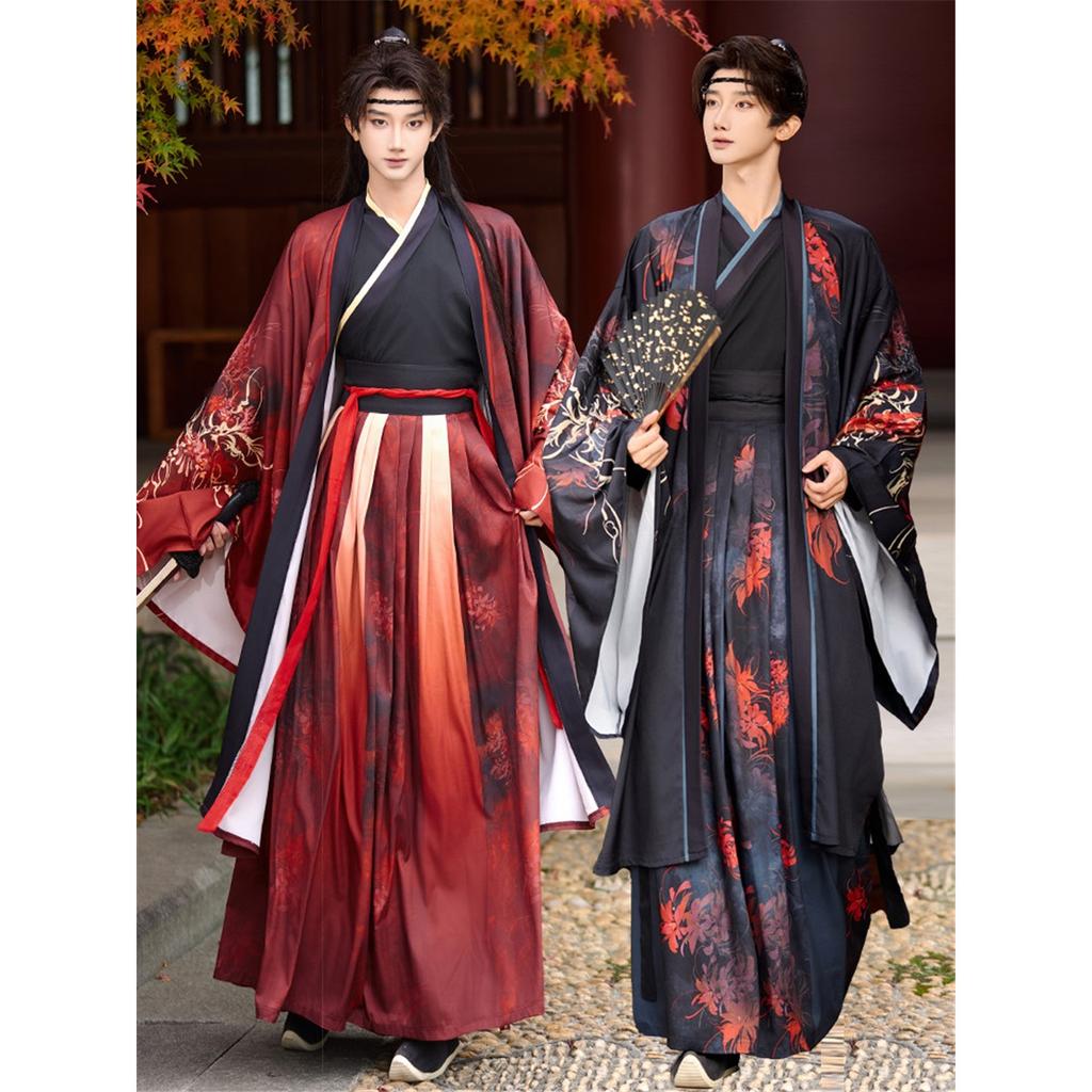 Herren Hanfu-Set im Wei-Jin-Stil, Schwarz & Rot mit Spinnenlilien-Print, Schwertkämpfer-Kostüm für den täglichen Gebrauch & Cosplay