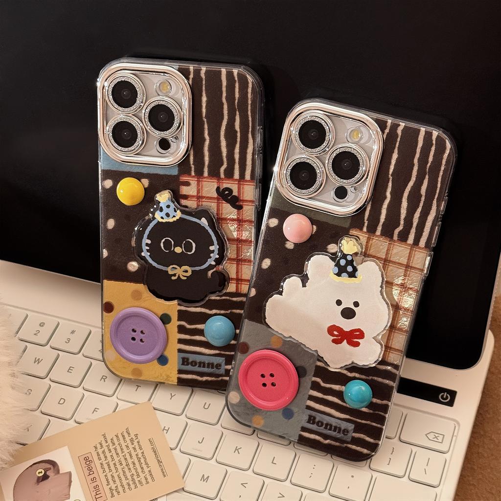 Three-dimensional Button Puppy Cat Apple 17 Mobile Phone Case IPhone 16 Suitable for 14pronax Korean Cartoon 13 Hard