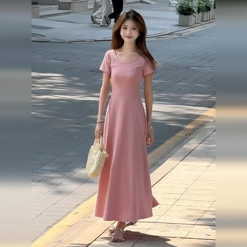 Solid Color Slim-fitting Short-sleeved T-shirt Dress for Children's Summer New Small Temperament Waist and Thin Dress