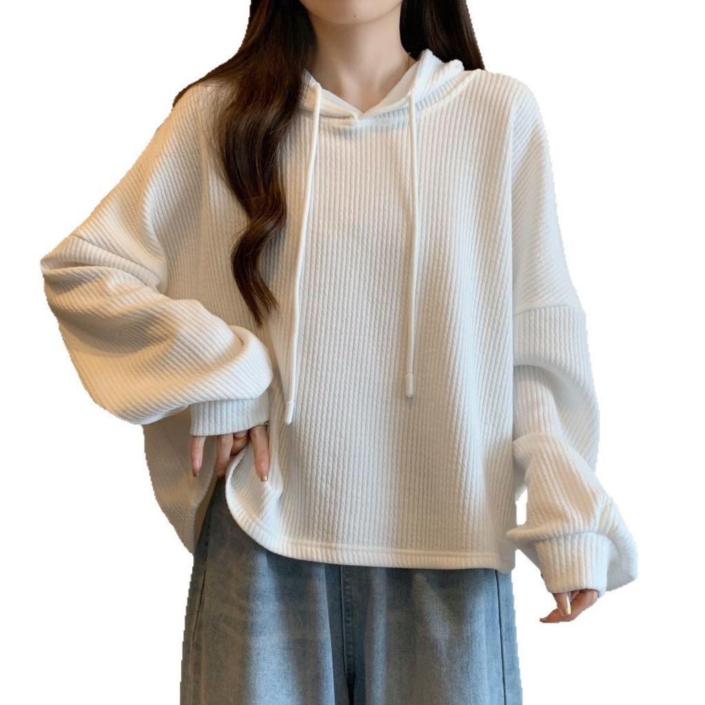 Women's Plus Size Ribbed Hooded Long Sleeve T-shirt - Autumn Loose Fit, Slimming, Stylish Top