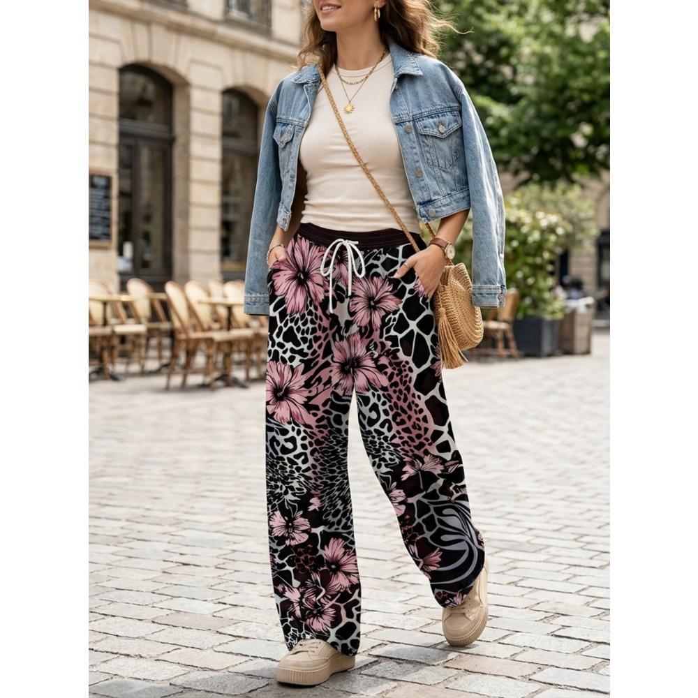 Women's Retro Wide Leg Pants with Leopard and Pink Floral Patchwork - Elastic Drawstring Waist Straight Pants