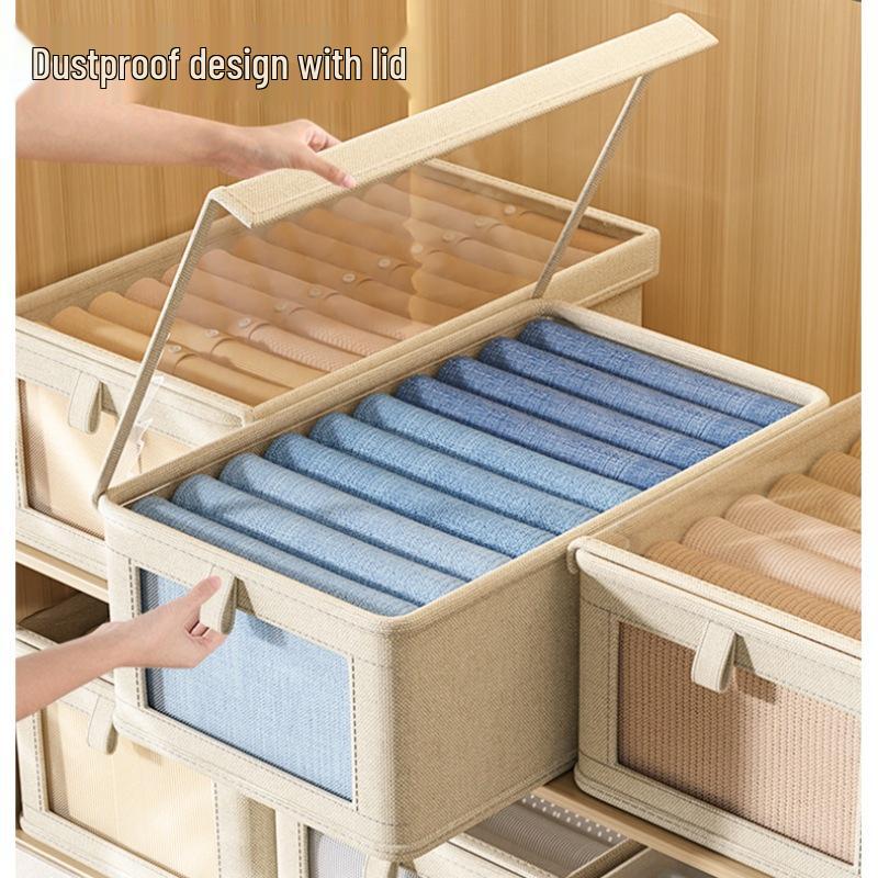 Visible Fabric Clothes Storage Box with Lid for Wardrobe and Pants Organization