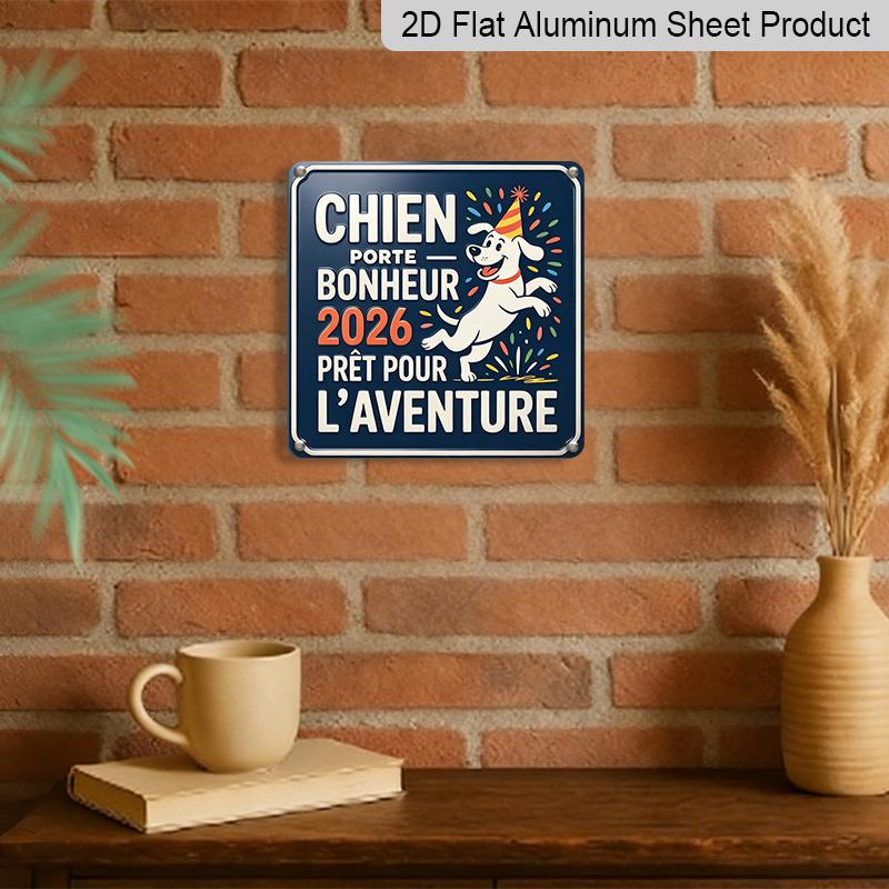 2D Flat, 1pc Vintage French Lucky Dog Adventure 2026 Metal Aluminium Plaque, Retro Wall Art with Chien Porte Bonheur Text, Minimalist Pet Decor for