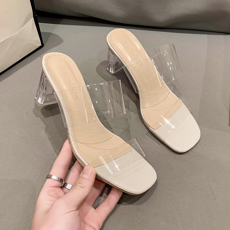Transparent High Heels Women's Sandals Summer New Square Head Crystal Thick Heel with Fashion Large Size Cool Slippers Outside
