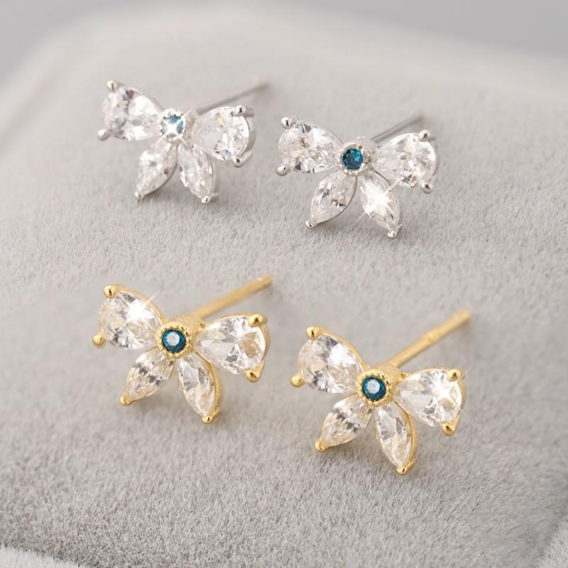 925 Sterling Silver Vintage Bowknot Dazzling Clear CZ Stud Earrings For Women Retro Fine Jewelry Accessories