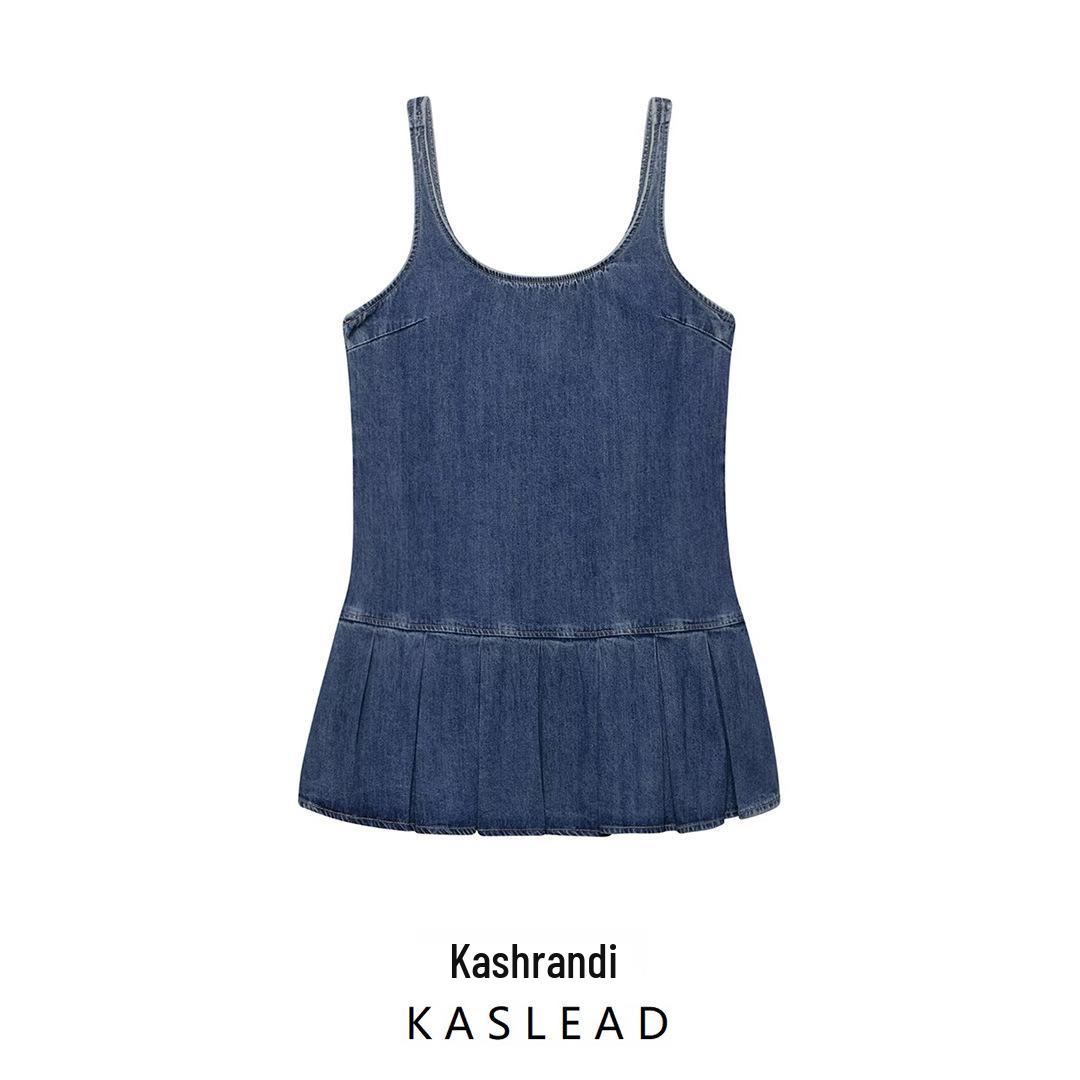 

2025 Spring Fashion: European & American Style Women s Pleated Denim Dress S