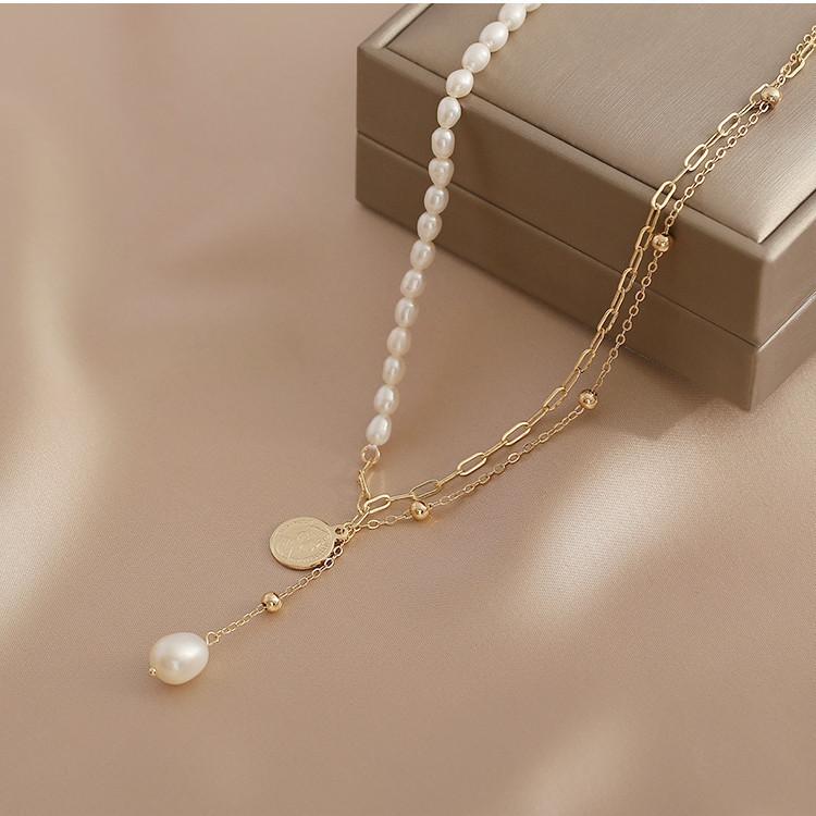 Natural freshwater pearl necklace women's niche design splicing round brand pendant collarbone chain sweater chain