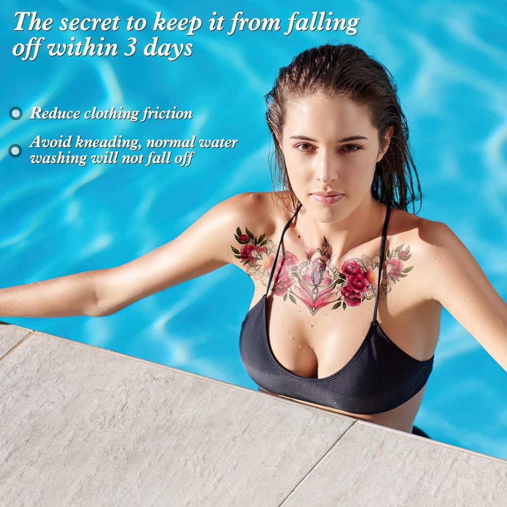 10 Sheets Vivid Chest Temporary Tattoos For Women Girls Large Adult Temporary Tattoos Rose Flower Jewel Fake Tattoos