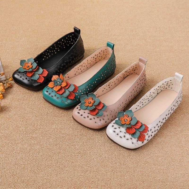 Superweiche Ledersandalen mit weicher Sohle, Rindensehnensohle, Damenschuhe, Lochschuhe, bequeme Einzelschuhe, flacher Ausschnitt, bequem