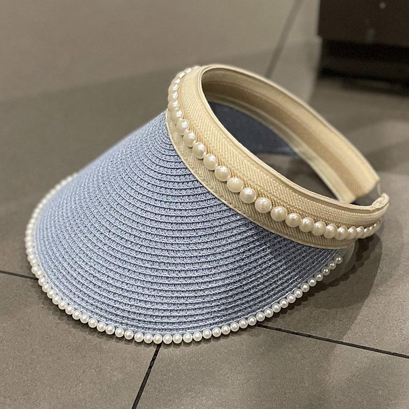 Women Straw Visor Hat With Pearl Decoration Breathable Sun Protection Headband For Spring Summer Travel And Daily Wear