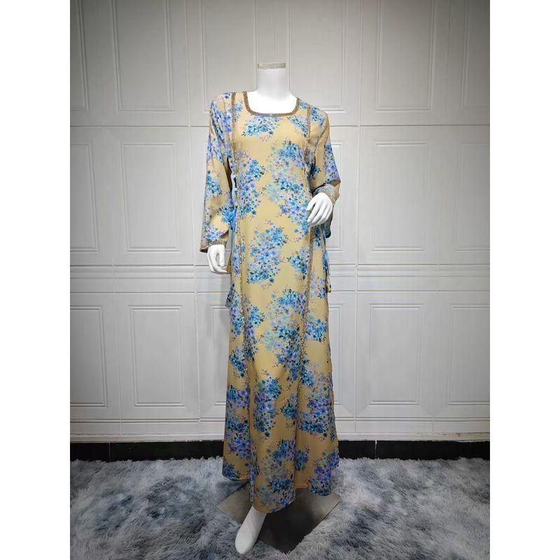 

New Middle East Fashion Print Hot Drilling Robe Dress Printed Diamond Studded Dress Yellow bottom blue flower 2XL