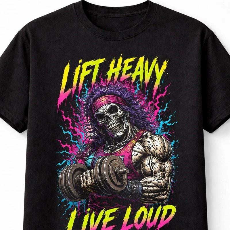 Lift Heavy Live Loud Skeleton Gym Horror Metal Unisex TShirt S