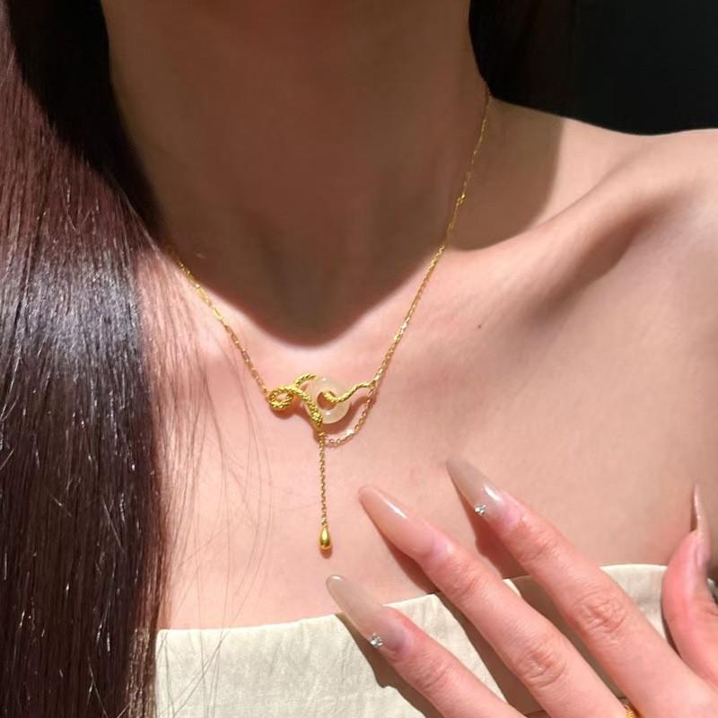 Snake Circle Bead Necklace for Women Ancient Method Spiritual Snake Wrapping Peace Buckle Pendant Tassel Snake Year Necklace