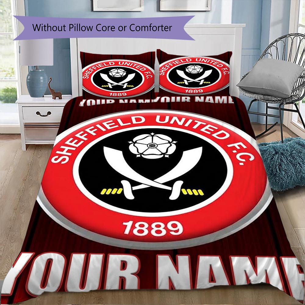 Benutzerdefinierter Name Sheffield United FC Muster Bettwäsche Steppdecke Set Steppdecke Bezug Kissenbezug Heimdekoration Geburtstagsgeschenk (1*Bettbezug+2*Kissenbezug ohne Füllung)