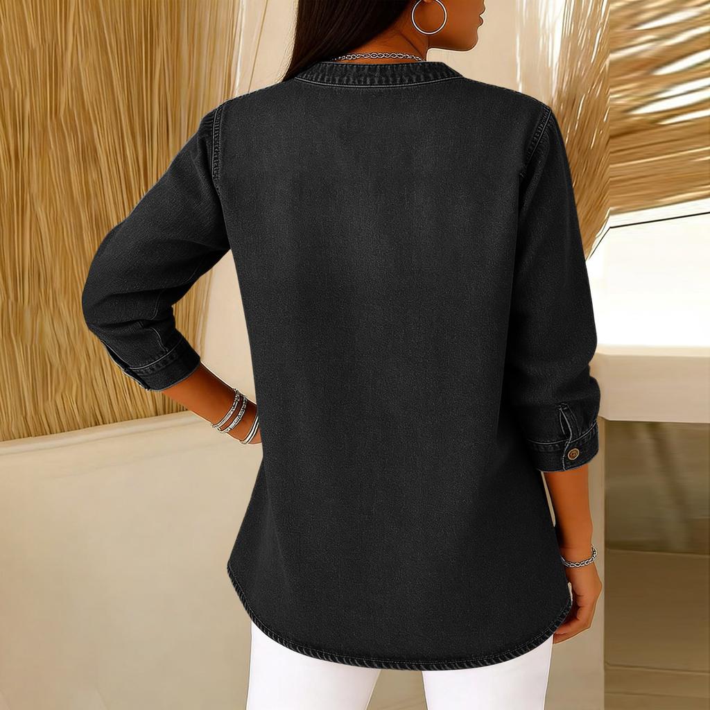 Ladies' Casual V-neck Button Imitation Denim Mid Long Sleeved Top