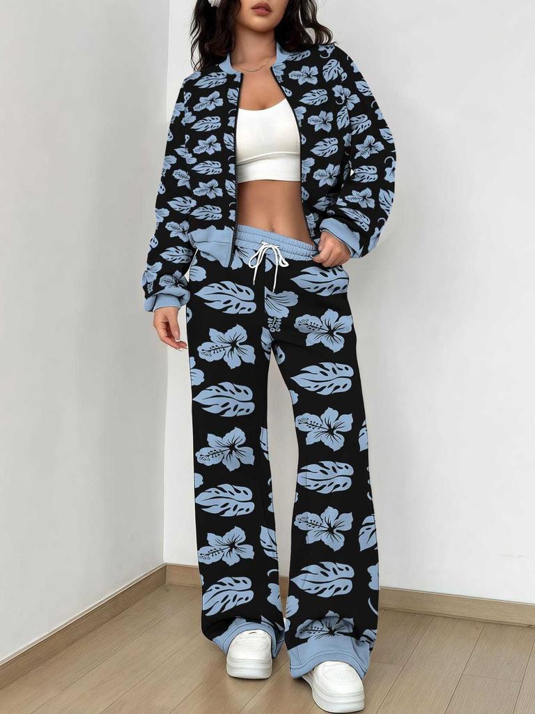 Purple Smudge 1116 Popular Autumn and Winter New European and American Women's Clothing Floral Printing Set