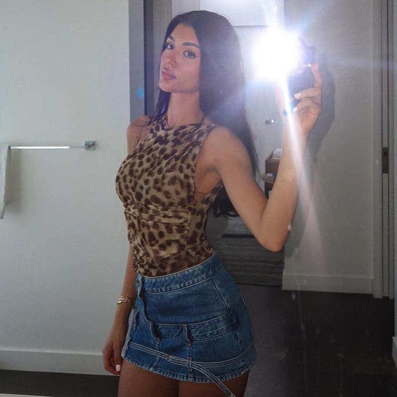 Leopard Print Asymmetrical Slim Fit Pleated Mesh Jumpsuits Women Sexy Rompers Street Fashion Sleeveless Women Bodysuits Casual Elegant Jumpsuit 26143